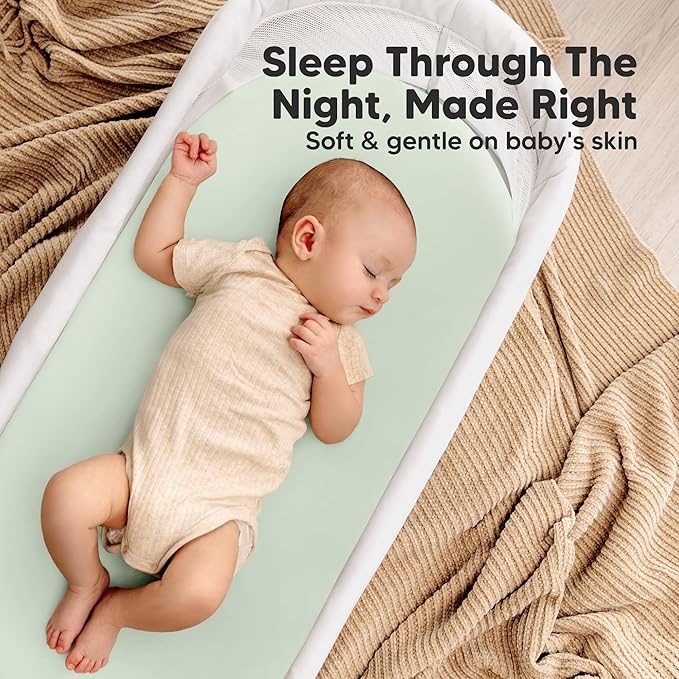 2-Pack Waterproof Bassinet Sheets Boy, Girl - 33x17 Baby Bassinet Mattress Protector Cover, Viscose Derived from Bamboo, Compatible with Graco, Baby Delight, Halo Bassinest Swivel Sleeper (Sage)