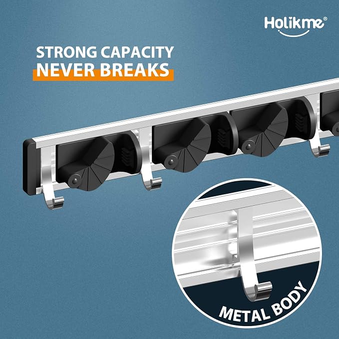 Holikme Mop Broom Holder Wall Mount Metal Pantry Organization and Storage Garden Kitchen Tool Organizer Wall Hanger for Home Goods (4 Positions with 4 Hooks, Black) - Image 2
