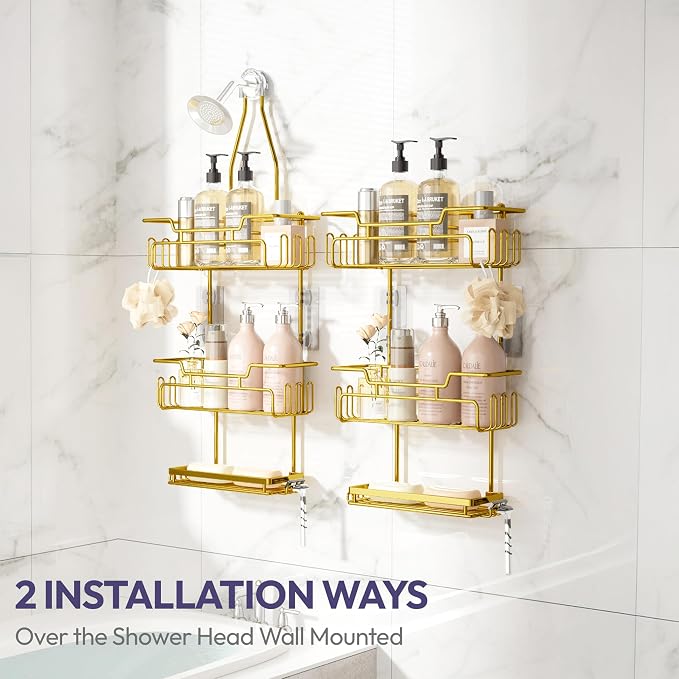 SWTYMIKI Bathroom Shower Caddy Hanging - 3 Tier Rustproof Over Shower Head Organizer, No Drilling Bathroom Shelf with 16 Hooks & Soap Holder, Anti-Swing Rack for Shampoo,Sponge,Towel, Gold - Image 2