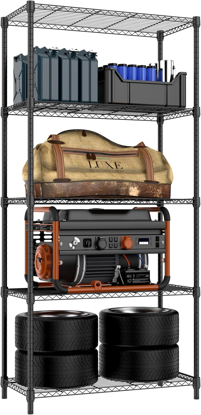 M MZG 1250 lbs 5 Tier Shelf Metal Storage Shelves Shelving Wire Rack Heavy Duty Closet Organizers for Garage Kitchen Bathroom Laundry Black 15.7" D x 33.5" W x 68.5" H by MEIGAOPLASTICANDMETALHKCOLIMITED