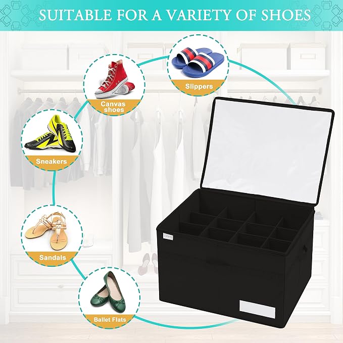 Luvhomee Shoe Storage Organizer, Fits 16 Pairs, Large Shoe Organizer Box for Closet, Clear Foldable Shoes Containers w/Bottom Support, Space Saving Shoe Cubby Storage Boxes w/Reinforced Handles, Black - Image 3