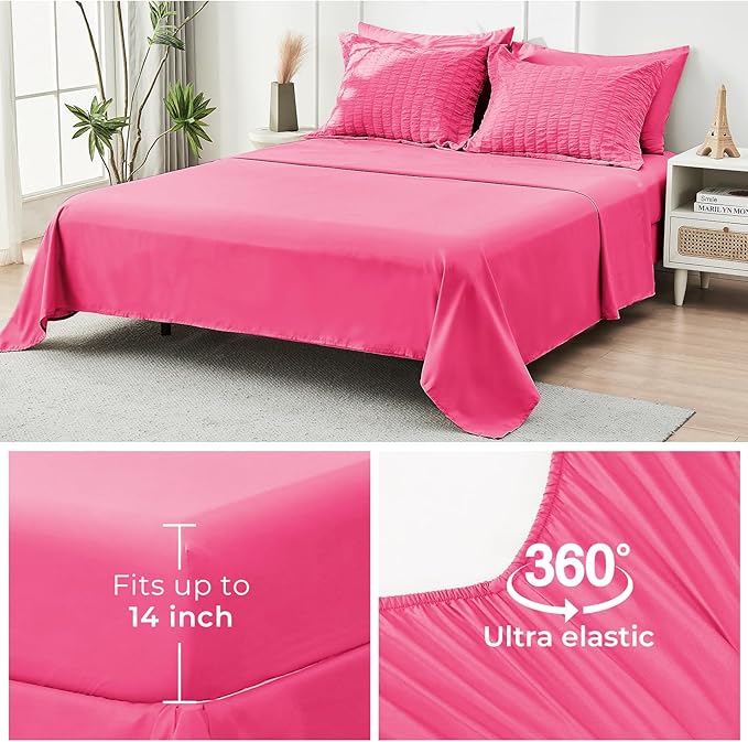 HYMOKEGE Hot Pink Full Size Comforter Sets Seersucker 7 Pieces, All Season Luxury Bed in a Bag for Bedroom, Bedding Set with Comforter, Sheets, Pillowcases & Shams