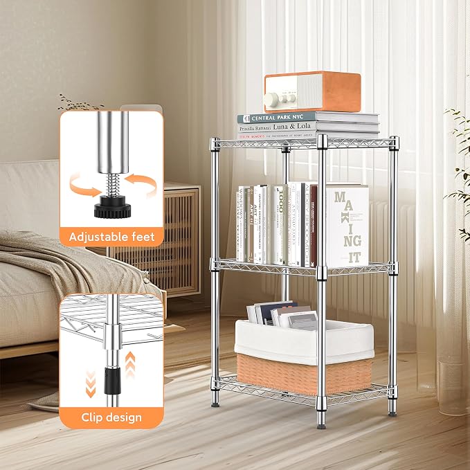 M MZG 3 Tiers Shelf Metal Storage Shelves Wire Rack Closet Organizers with Wheel for Garage Kitchen Bathroom Laundry Chrome 11.8" D x 17.7" W x 28.8" H - Image 4