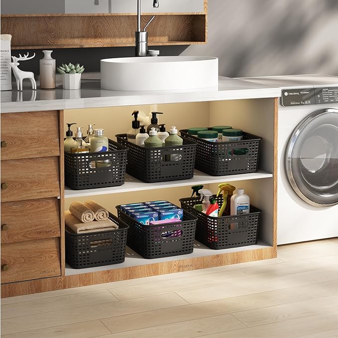 ORGIDOL Plastic Storage Basket with Lids 12 Pack Stackable Black Storage Bins Containers with Lid, Decorative Storage Boxes for Organizing Shelves, Drawers, Playroom, Classroom, Office, Closet - Image 4