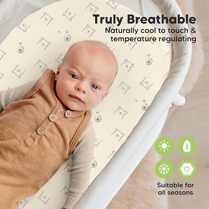 2-Pack Waterproof Bassinet Sheets Boy, Girl - 33x17 Baby Bassinet Mattress Protector Cover, Viscose Derived from Bamboo, Compatible with Graco, Baby Delight,Halo Bassinest Swivel Sleeper (Bumble Bear)
