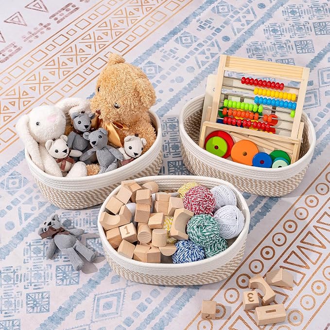 CubesLand Small Storage Baskets for Shelves, Closet Organization Bins Empty Gift Basket 2 Packs Baby Nursery Woven Organizing, Rectangular Clothes Shelves Off White/Mixed Camel - Image 2