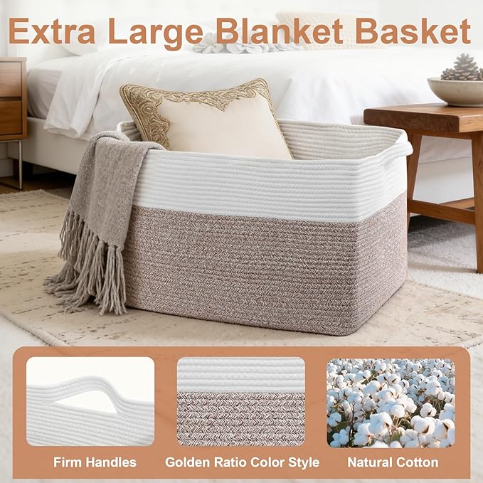 75L Extra Large Blanket Basket for Living Room - Cotton Rope Laundry Hamper Woven Baskets XXL Storage Bin with Handles for Dirty Clothes, Kids, Pets, Toys, Bedroom, 22" x 17" x 12", White & Brown - Image 3