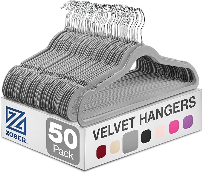 Zober Velvet Hangers 50 Pack - Heavy Duty Gray Hangers for Coats, Pants & Dress Clothes - Non Slip Clothes Hanger Set - Space Saving Felt Hangers for Clothing by ZOBER