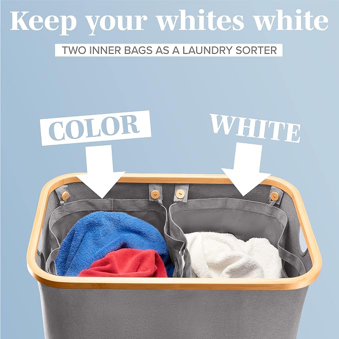 LONBET Laundry Basket with Lid, Made from Breathable Fabric | Aesthetic Clothes Hampers for Laundry with Side Handles & Sturdy Bamboo Frame (40 Gallons - Double, Gray) - Image 4