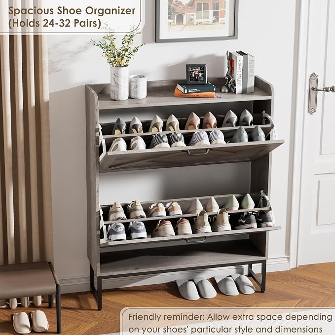 Nicetree Shoe Storage Cabinet with 2 Flip Drawers, Freestanding Shoe Organizer, Shoe Cabinet with Metal Legs, Narrow Shoe Rack Cabinet, Farmhouse Slim Shoe Cabinet for Entryway, Hallway, Rustic Gray - Image 4