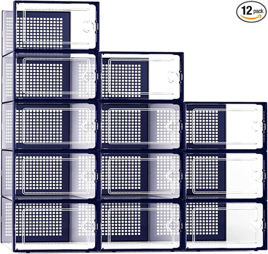 Kuject X-Large Shoe Storage Boxes Organizers Clear Plastic Stackable 12 Pack, Shoe Rack & Holder Substitute, Sneaker Containers, Toy Storage Organizer Bins for Entryway, Closet, Under Bed, Blue by Kuject