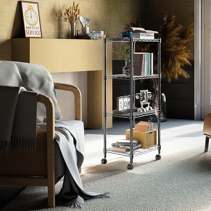 M MZG 4-Shelf Adjustable Heavy Duty Steel Wire Rack, Adjustable Storage Shelving Unit with Wheel for Kitchen, Garage, Laundry Black 11.8" D x 17.7" W x 40.8" H - Image 5