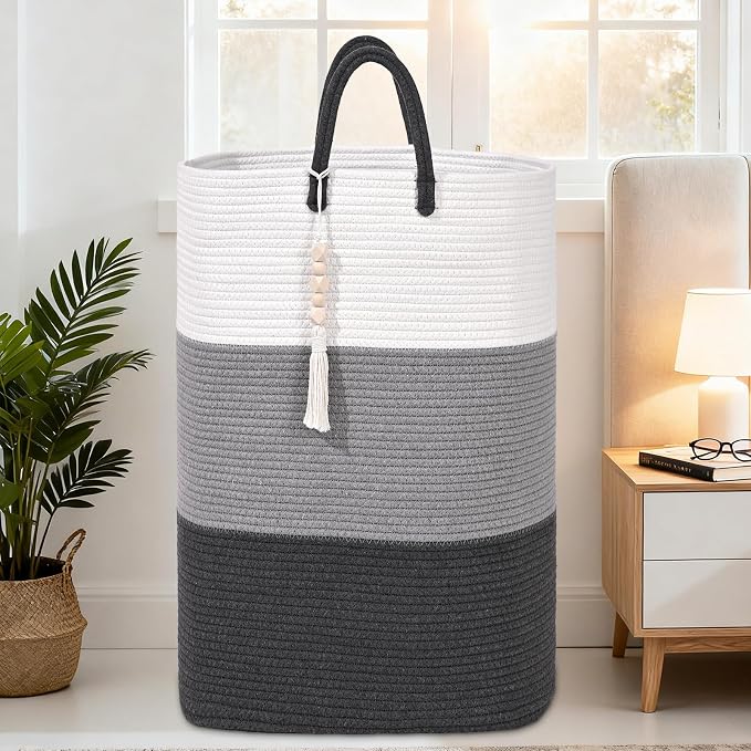 Woven Laundry Basket for Clothes,100 L Large Rectangle Laundry Hampers with Beads Tassel, Nursery Storage Basket for Toys, Tall Dirty Clothes Hamper for Bedroom Aesthetic, Laundry Room Organization - Image 6