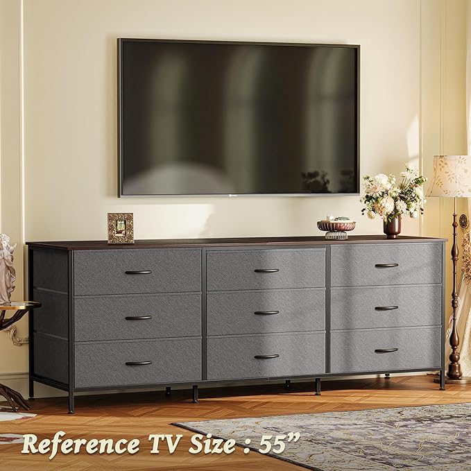 Huuger 63 Inch Dresser for Bedroom, Dresser for Closet with 9 Fabric Drawers, Large TV Stand for 55, 65, 70 Inch TV, Entertainment Center with Storage, Wide Long Chest of Drawers, Walnut and Dark Grey