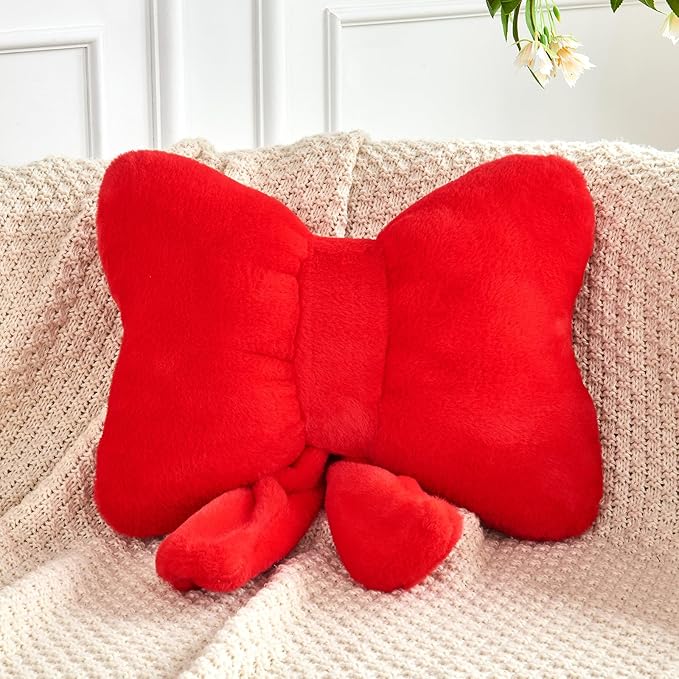 XVTRU Red Bow Pillow, Soft Bow Decorative Pillows with Faux Rabbit Fur, Cute 16" Bow Throw Pillows, Aesthetic Home Decor Bow Shaped Plush Pillow for Bedroom Sofa Couch