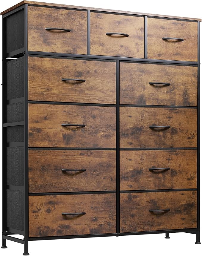 WLIVE Tall Dresser for Bedroom, Fabric Dressers Storage Tower, Dresser & Chest of Drawers Organizer Unit with 11 Drawers, Storage Cabinet, Hallway, Closets, Steel Frame, Wood Top, Rustic Brown by WLIVE