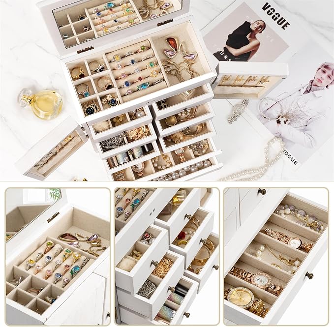 Emfogo Jewelry Box for Women Wooden Jewelry Boxes & Organizers 5-Layer Rustic Large Jewelry Organizer Box with Mirror & 8 Drawers for Rings Earrings Necklaces Bracelets Women Girls Gifts - Image 5