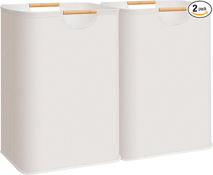 STORAGE MANIAC 2-Pack Large Laundry Hamper, 80L (21.1 Gal) Collapsible Laundry Basket with Bamboo Handles, Freestanding Waterproof Clothes Hamper for Laundry Room, Bedroom, Dorm, Towels, Toys, Beige by STORAGEMANIAC