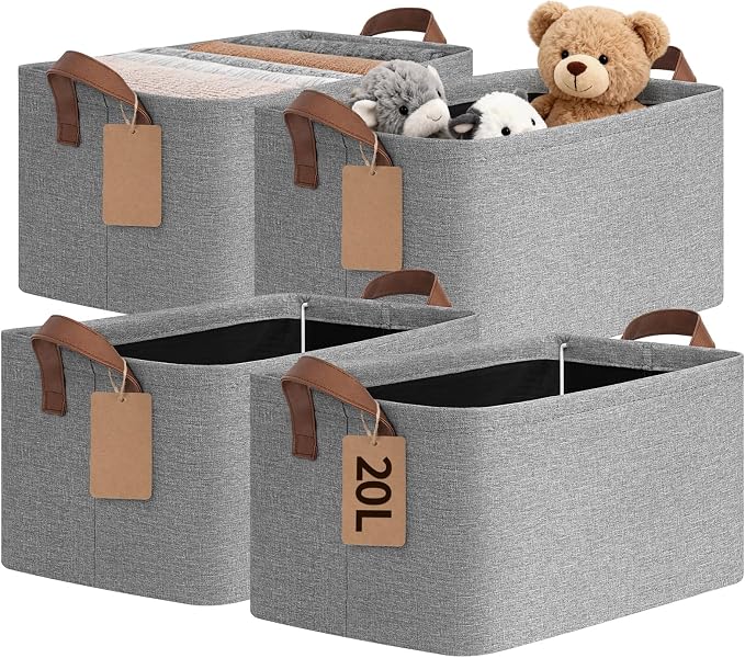 CHICVITA 4 Pack Storage Baskets for Shelves, Foldable Fabric Storage Bins with Metal Frame Handles, Closet Organizer Bins for Toys Blankets, 14.8" x 10.3" x 8.3", Gray by CHICVITA