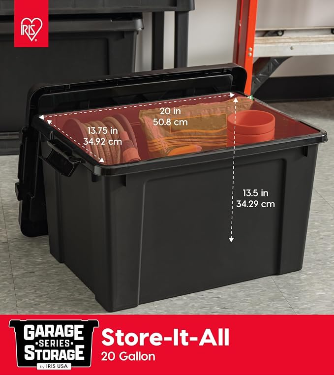 IRIS USA 20 Gallon Lockable Storage Bins with Lids, 6 Pack - Made in USA, Heavy Duty, Stackable Containers, Garage Organizing Bins Moving Tubs, Rugged Sturdy Equipment Utility Box - Black - Image 3