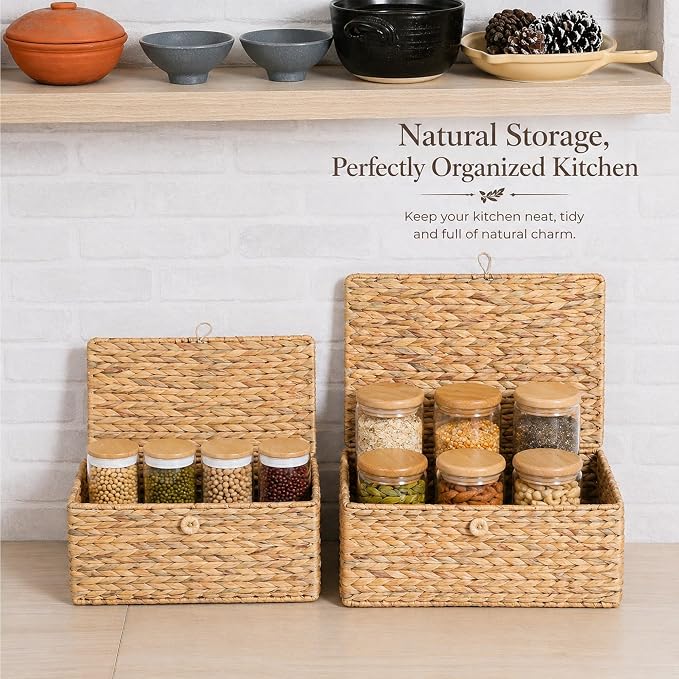 LUSYDECO Set of 2 Rectangular Wicker Storage Bins with Lid, Rattan Basket Decorative Boxes, Multipurpose Organizer Display Boxes for Shelf Organizer, Boho Rattan Box for Home Decoration - Image 6