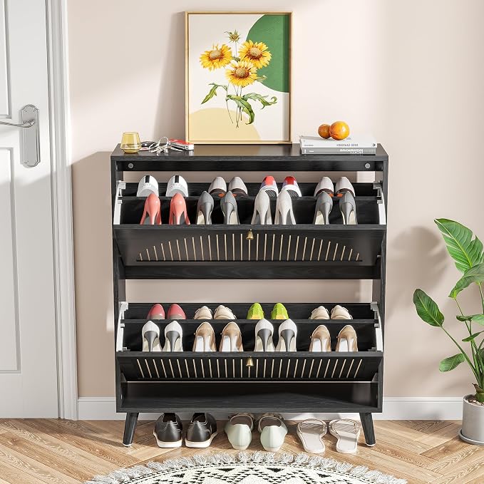 Fsbecl Shoe Storage Cabinet for Entryway with 2 Flip Drawers, Narrow Wood Shoe Cabinet with Fluted Panel, Freestanding Hidden Shoe Organizer for Foyer, Hallway (Black - with Shelf) - Image 3