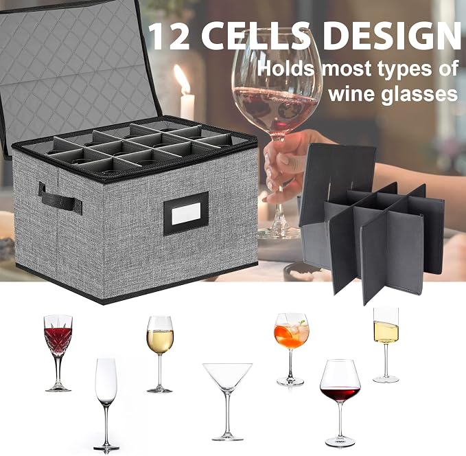 China Storage Containers hard shell-Quilted Wine Glass Storage Box,Moving Boxes,Storage Containers for Organizing,Stackable Stemware Storage Cases,Moving Supplies,Household Essentials - Image 2