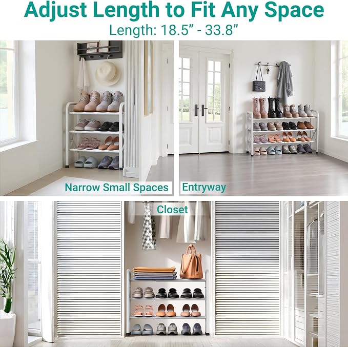 YEASHEIN 3-Tier Expandable Shoe Rack for Closet Floor, X-Frame Metal Small Shoe Rack for Entryway, Adjustable Shoe Shelf Organizer, Free Standing Shoe Racks for Front Door Entrance, Garage - White - Image 2