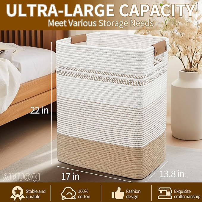 Large Laundry Hamper Basket, 85L Cotton Rope Woven Storage Bin for Blankets, Dirty Clothes Toys, Decorative Tall Basket with Leather Handles for Living Room, Bedroom, Bathroom, Nursery, Jute - Image 2