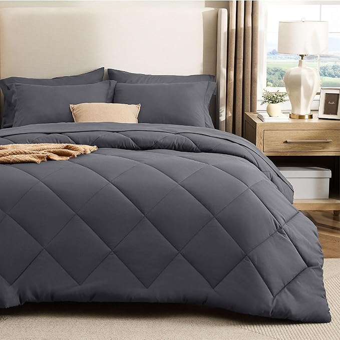 Bedsure 7 Pieces King Comforter Set Premium Series, Hotel Luxury Soft Bed in a Bag, Goose Down Alternative, Safe for Sensitive Skin Bedding Comforter All Season Medium Warmth, Dark Grey King Size
