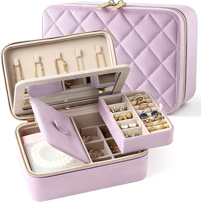 Velvet Travel Jewelry Box with Large Mirror, Double-Layer Jewelry Organizer Case for Women and Girls, Portable Storage Case with 6 Anti-Tarnish Bags Gift Ready for Her (Lavender) by Lumayina