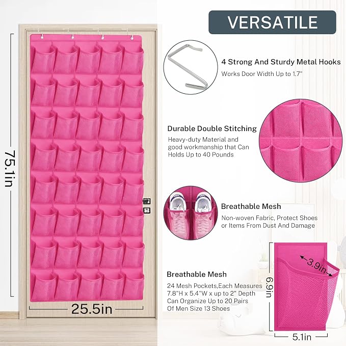 40-Pocket Over the Door Shoe Organizer - Large Mesh Pocket Hanging Shoe Organizer,Behind the Door Shoes Storage Holder Hanger - Image 3