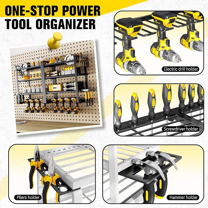 Hipidian Power Tool Organizer Wall Mount - Storage Rack with 4 Drill Holders for Drills Cordless Tools. Heavy Duty Iron Garage Tool Organizer Storage for Workshop Shed (4 Slots 4 Layers 2 Pcs) - Image 4