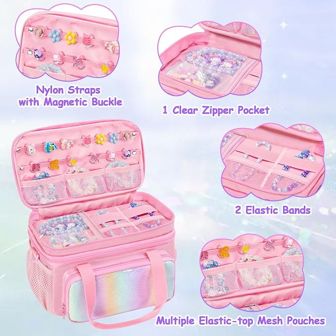 GRAOSO Double Layer Jewelry Organizer Storage for Kids Girls, Travel Jewelry Case Bag, Portable Jewelry Box with Handle and Detachable Shoulder Strap for Necklaces, Earrings, Rings, Pink (Case Only) - Image 2
