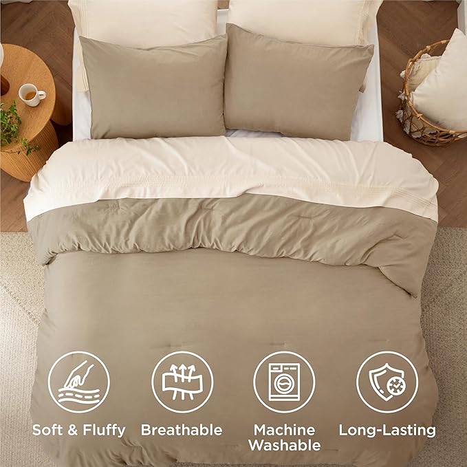 Bedsure Oversized King Comforter Set, Khaki Soft Prewashed Bedding for All Seasons, 3 Pieces GentleSoft™ Bed Set, 1 Lightweight Comforter (120"x98") and 2 Pillowcases (20"x36")