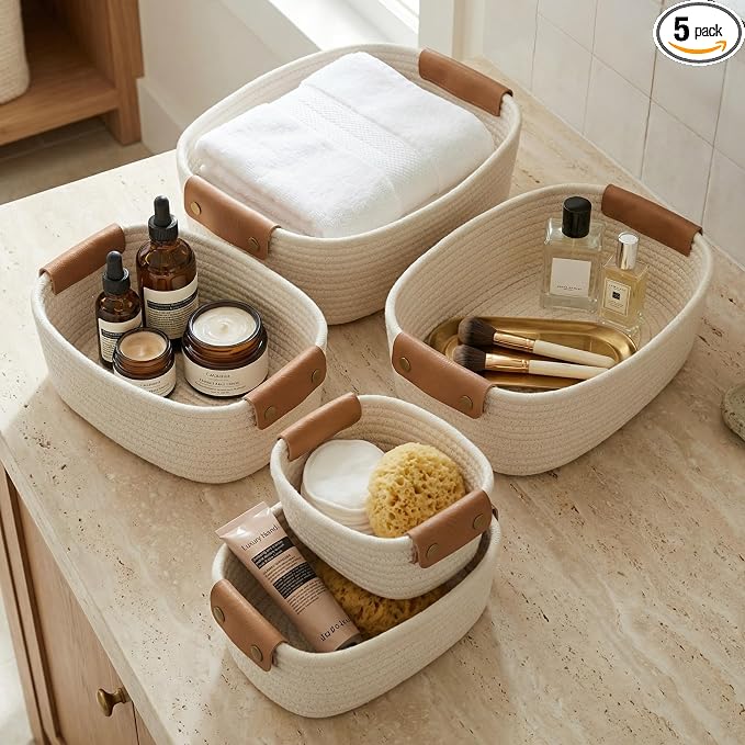 Beautiful Storage Basket Set of 5 - Sturdy Cotton Rope Baskets for Shelves Are Perfect for Organizing Your Home - Quality Storage Bins Easily Fit With Any Nursery or Bedroom Decor by ZICOTO