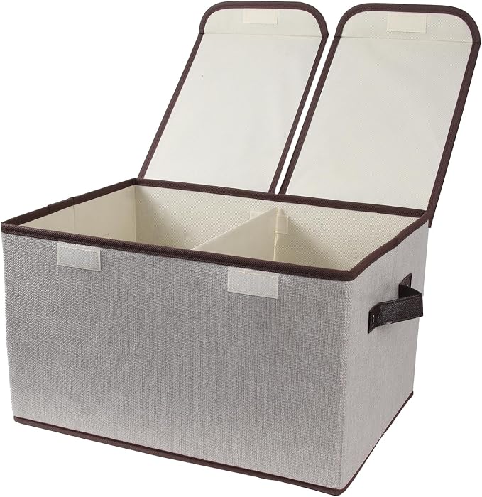 Foldable Fabric Storage Box, 16.5 x 11.8 x 9.8 inches (L x W x H), with Double-Lid & Dividers, Large Organizer for Home, Closet, Office(Grey) by TCbelosion