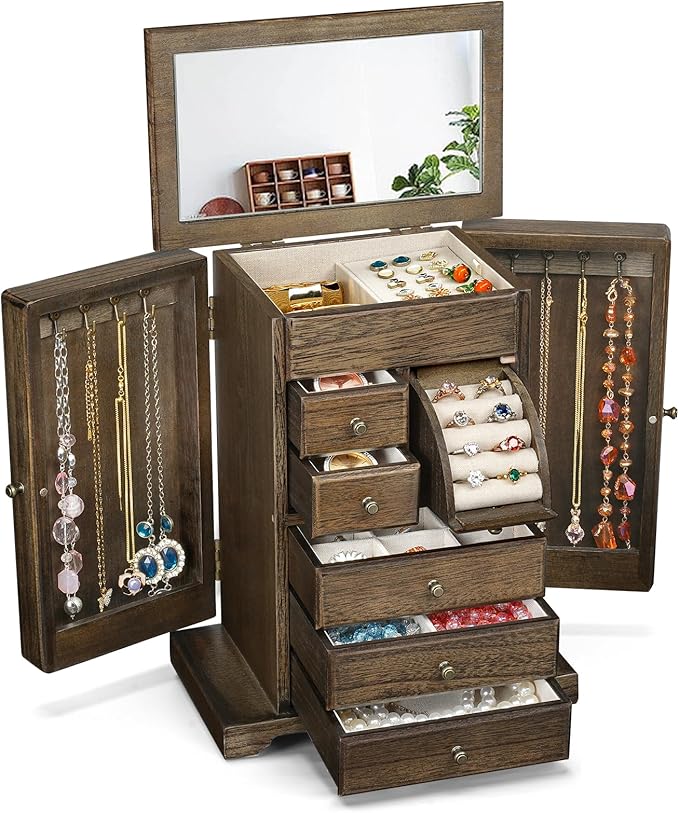 Jewelry Box for Women, Rustic Wooden Jewelry Boxes & Organizers with Mirror & Drawers,6 Layer Jewelry Organizer Box for Rings Earrings Necklaces Bracelets (Vintage) by Yoimori