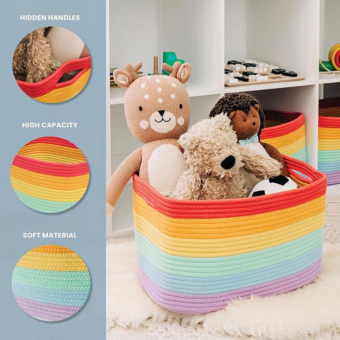 OrganiHaus Rainbow Basket - Colorful Woven Storage Basket for Playroom, Nursery & Classroom Decor & Toy Storage, 15x9x10 - Image 3