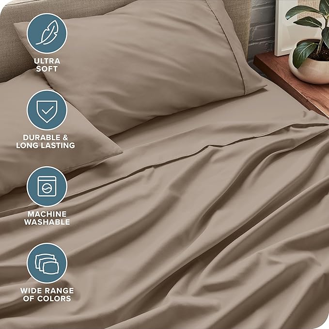 Bare Home Queen Sheet Set - 1800 Ultra-Soft Microfiber Queen Bed Sheets - Double Brushed - Deep Pockets - Easy Fit - 4 Piece Set - Bedding Sheets & Pillowcases (Queen, Pebble)