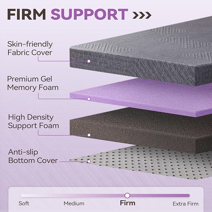 BDEUS 3 inch Extra Firm Memory Foam Mattress Topper Full Size for Big Guys, Supportive Mattress Pad for Back Pain Relief, Double Bed Foam Topper with with Senior Grey Cover, CertiPUR-US Certified