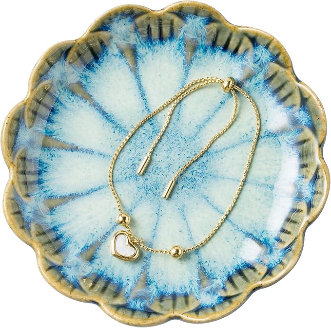 Jewelry Dish Tray, Ring Dish, Ceramic Trinket Tray, Key Bowl, Decorative Plate, for Friends Sisters Daughter Mother (Retro Blue) by BEUNAIZER