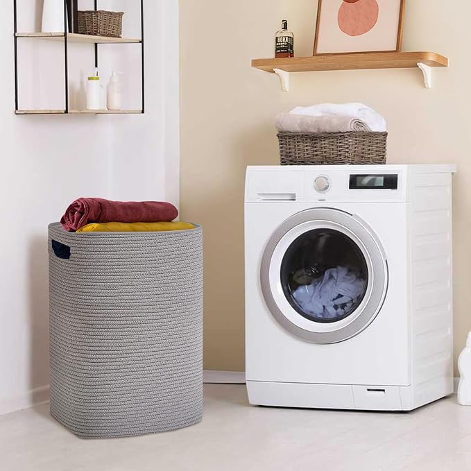 MEGASKET Large Laundry Hamper 16"x13"x22" - Tall Woven Laundry Basket, Cotton Rope Dirty Clothes Hamper, Baby Kids Nursery Wicker Laundry Basket, Bedroom Aesthetic, Soft Laundry Bin, Gray Hamper, 75L - Image 4