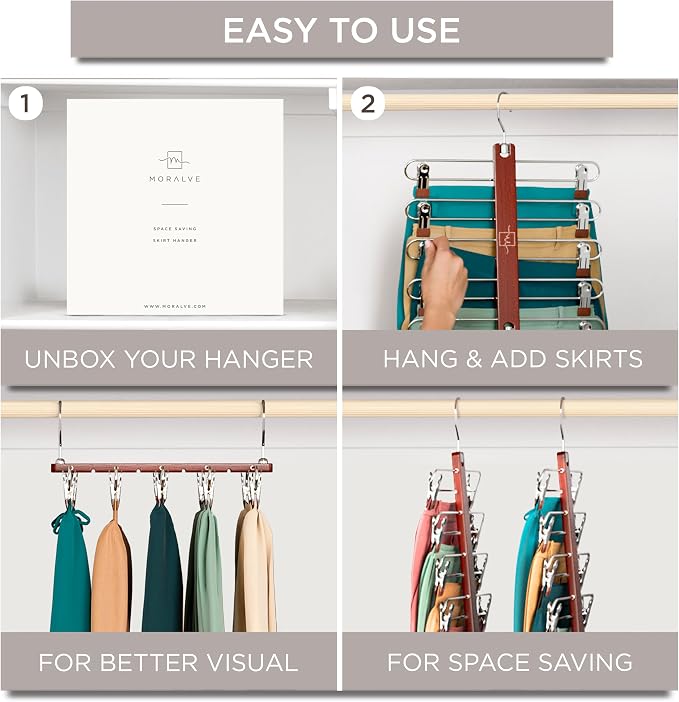 MORALVE Skirt Hangers Space Saving with Clips - 2 Pack - European Beechwood 5-Tier Hanger for Shorts, Skirts, and Pants - Closet Organizer and Storage Solution for Women with 360° Swivel Hook - Image 7