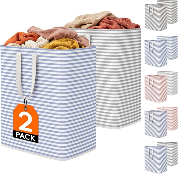 Lifewit 2 Pack Laundry Basket 100L Each, Collapsible Clothes Hamper with Reinforced Handles, Freestanding Waterproof Design for Bedroom and Laundry Room, Grey&Blue 200L Total by Lifewit