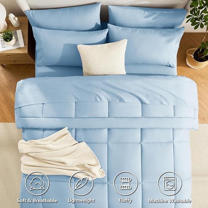 CozyLux Queen Comforter Set Baby Blue, 7 Pieces Bed in a Bag, Blue Comforters Queen Size, All Season Bedding Sets with Stitch Quilted Comforter, Flat Sheet, Fitted Sheet, Pillowcases