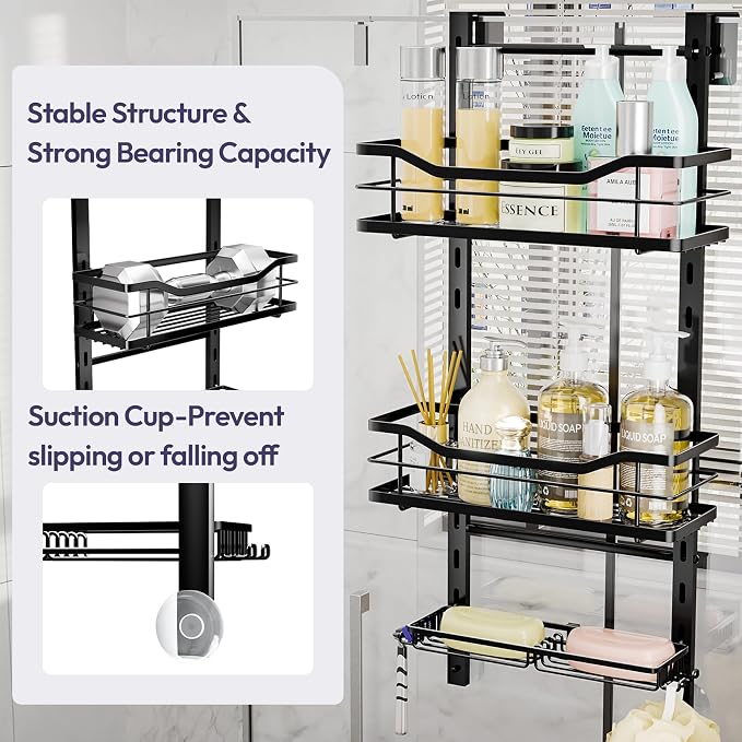 SWTYMIKI Over the Door Shower Caddy - 3 Tier Adjustable Shower Organizer Hanging with Soap Holder, No Drilling Stainless Steel Bathroom Rack Hanging for Body Wash, Shampoo, Soap, Razor, Black - Image 5
