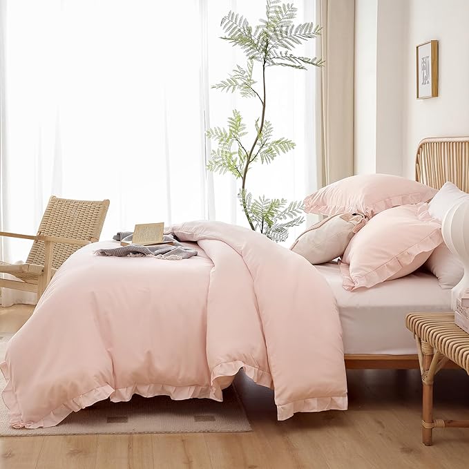 JANZAA Full Size Comforter Pink Comforter Set 3PCS 1 Ruffled Comforter Set and 2 Pillow Cases Blush Pink Bed Set Vintage Farmhouse Shabby Chic Bedding Soft All Season