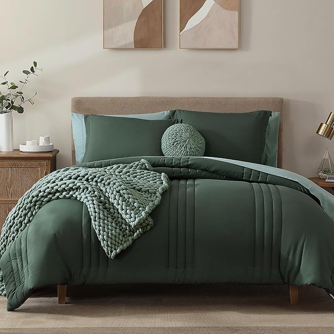 Monbix Queen Comforter Set - 7 Pieces Deep Forest Bed in a Bag Queen Bedding Sets with Comforters, All Seasons Comforter Bed Set with Sheets, Pillowcases & Shams