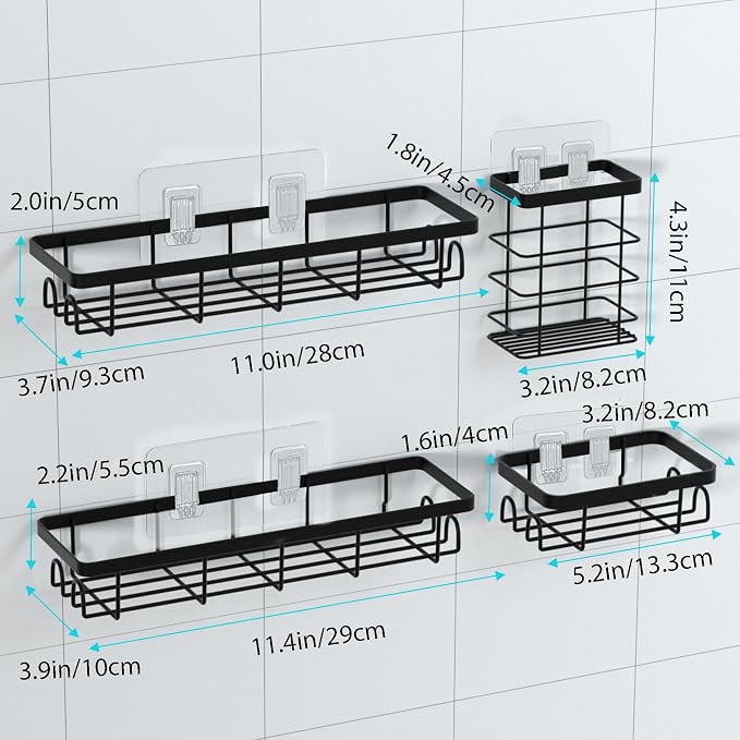 Shower Caddy Organizer with Hooks,Self Adhesive Bathroom Shelves,No Drilling Bathroom Organizers and Storage,Perfect for RV, Apartment, Home Decor,Black 4PCS - Image 2